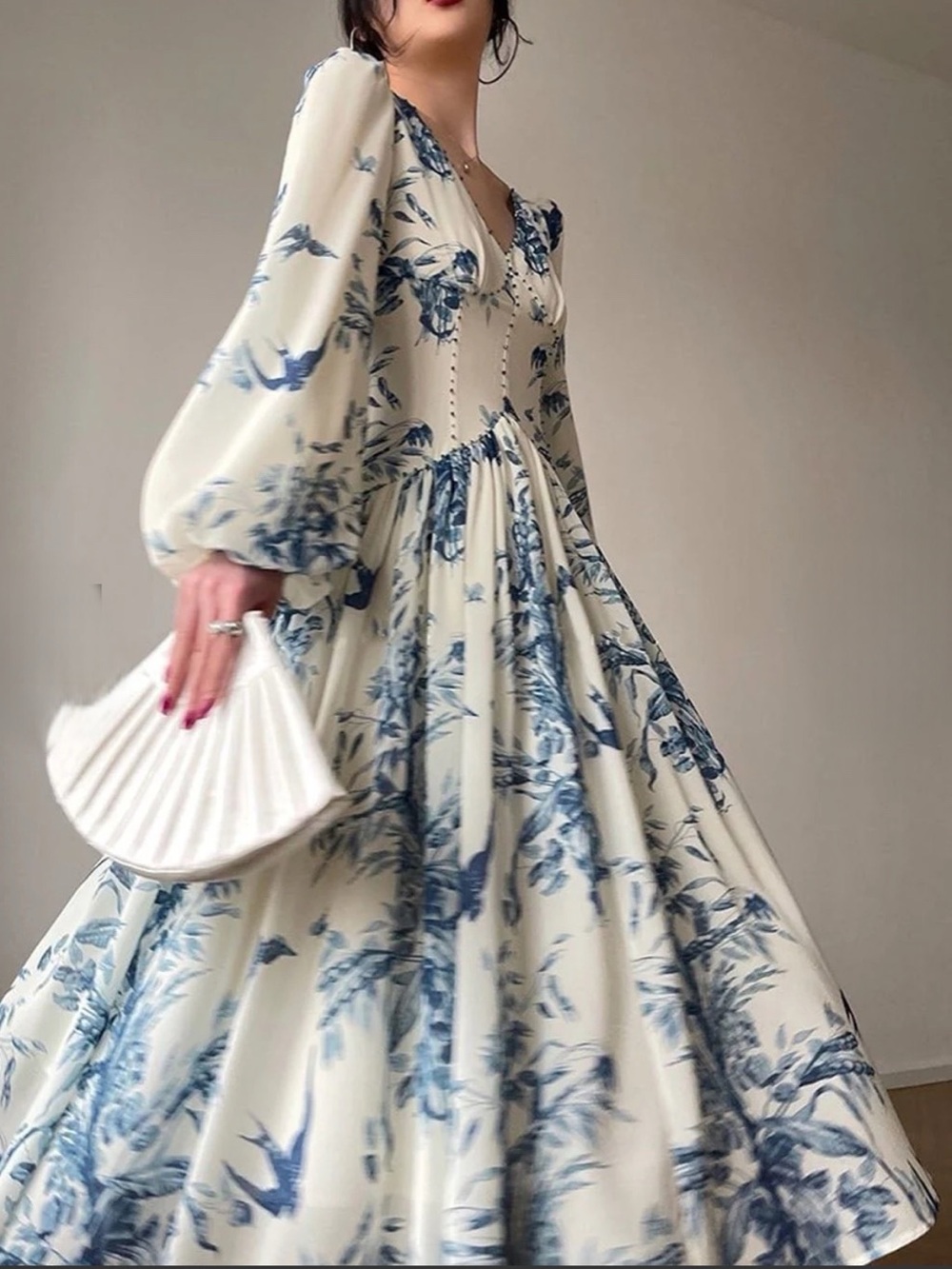NWT O.P.T Abrielle Botanical Blue Empire Waist Lantern Sleeve Dress Small - Picture 1 of 10